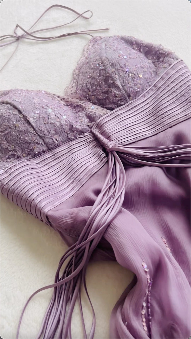 Robe de soirée longue en mousseline de soie, violette, élégante, décolleté en cœur, bretelles perlées, robe de bal, gh3822