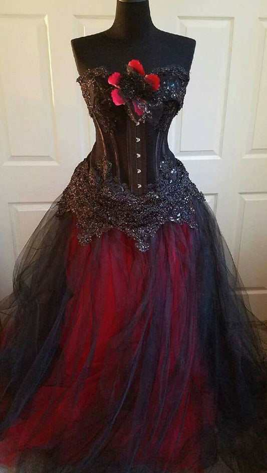 Schwarz Rot Floral Vintage Langes Tüll Ballkleid Abendkleid gh4323