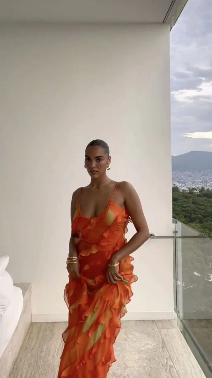 Orange Spaghetti Strap Sexy Ruffle Hem Mermaid Long Party Dress Wedding Guest Dress Ball Gown Irregular Bodycon Evening Dress gh3036