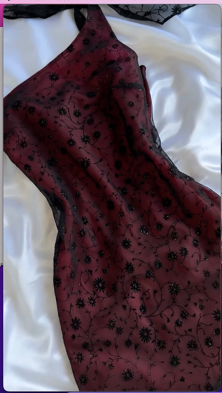 girlhomeshops-Wine Red & Black Floral One-Shoulder Gown, Lace Embroidered Mermaid Hem Evening Dress gh6001