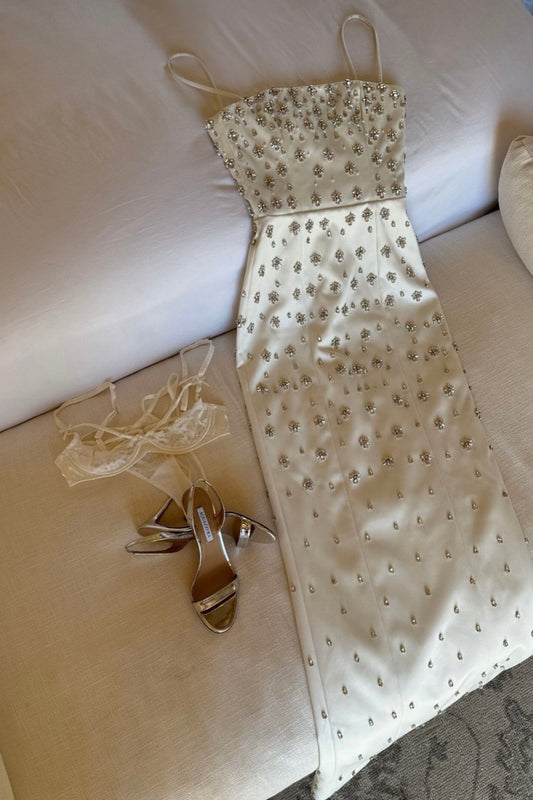 girlhomeshops-Elfenbeinweißes mittellanges Satin-Ballkleid mit exquisiten Perlen, Brautkleid, Abendkleid, gh5744