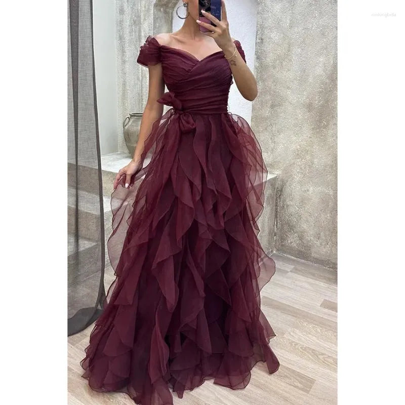 Robe de soirée longue en tulle à volants, élégante et violette, ligne A, robe de soirée gh2783
