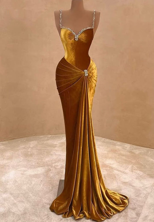 Girlhomeshops-Gold Fashion Elegant Velvet Long Mermaid Slim Prom dress Evening Dress Party Dress gh4996