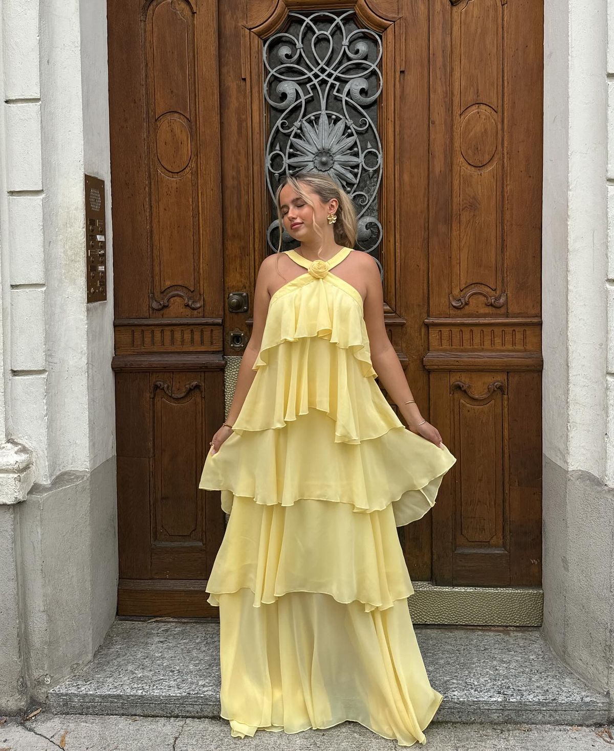 girlhomeshops-Yellow/pink floral suspender long chiffon prom dress bestie dress sister dress friendship dress gh5799