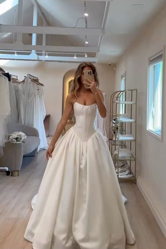 Minimalist High-End Style Spaghetti Strap Strapless Gown | White Satin Ballgown Maxi Dress for Wedding Bridal Engagement Luxury Dinner gh6432