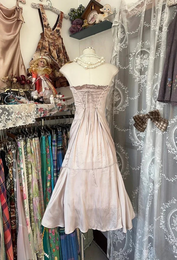 girlhomeshops-- Light pink homecoming dress vintage off-the-shoulder satin short birthday dress gh5728