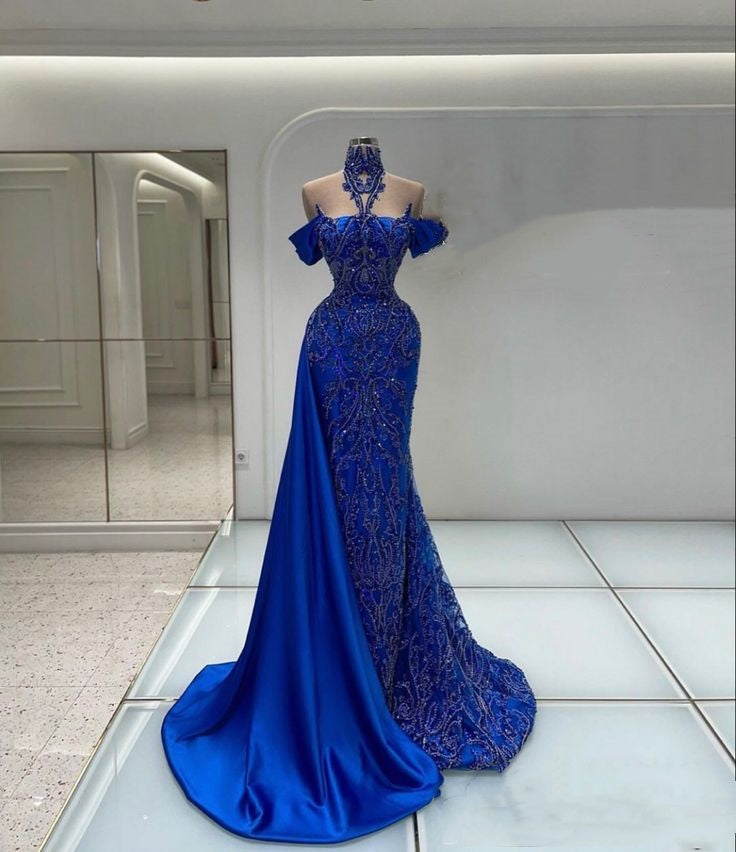 Robe de soirée longue en satin bleu de luxe, magnifique, exquise, perles, élégante, robe de bal, robe de soirée gh3418