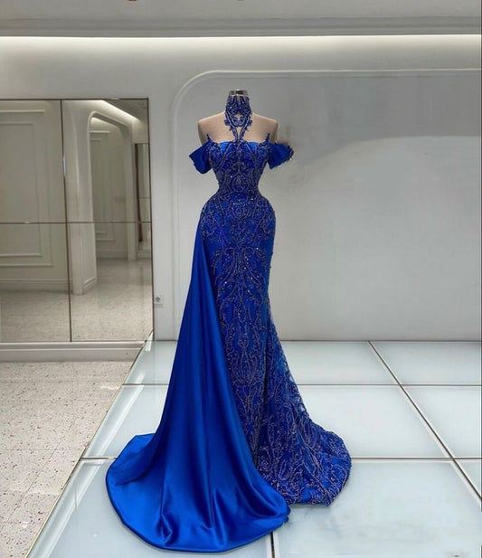 Robe de soirée longue en satin bleu de luxe, magnifique, exquise, perles, élégante, robe de bal, robe de soirée gh3418