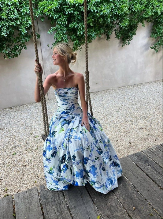 Strapless Print Floral Long Prom Dress Evening Gown  gh2969