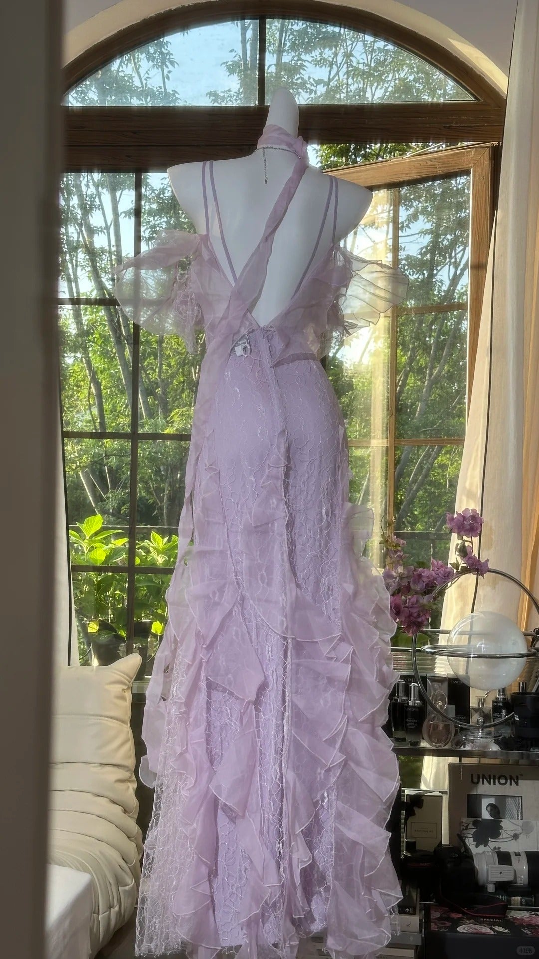 Robe de soirée longue en mousseline de soie, élégante, en dentelle romantique lilas, robe de soirée, robe de soirée, gh4613