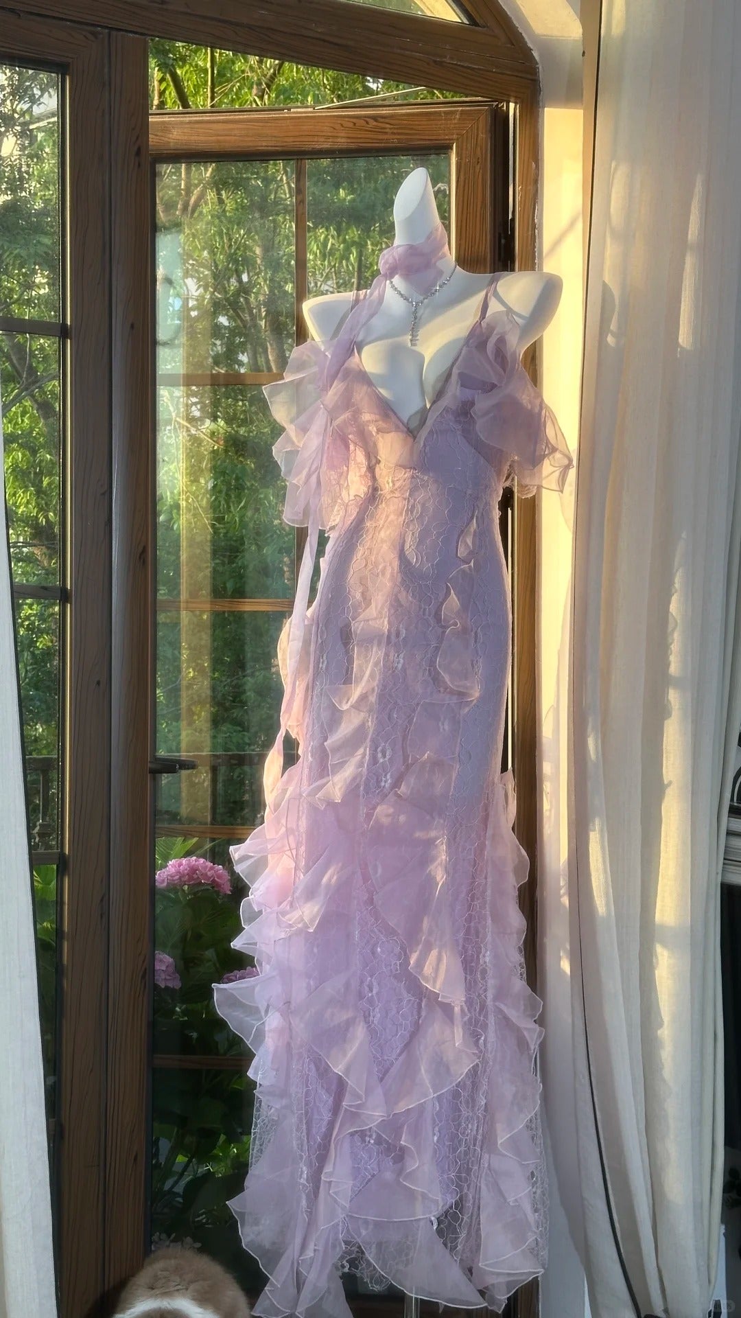 Robe de soirée longue en mousseline de soie, élégante, en dentelle romantique lilas, robe de soirée, robe de soirée, gh4613