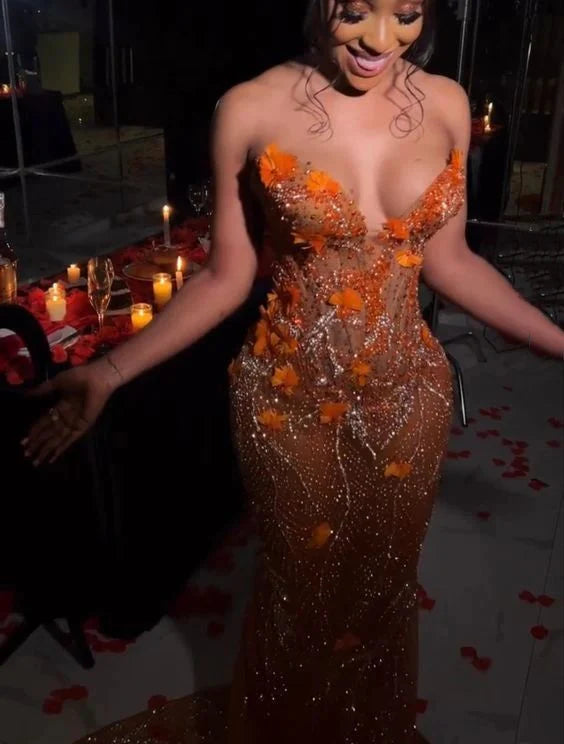 Orange Luxury Shiny Beaded V Neck Sexy Elegant Mermaid Slim Fit Long Floor Length Train Ball Gown Evening Gown Party Dress Prom Dress gh3660