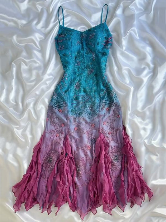 girlhomeshops – Mittellanges, kurzes Homecoming-Kleid, Blau, Rosa, Lila, modisches Farbverlaufs-Feenkleid, weiches, romantisches Mädchenkleid, Wochenend-Date-Partykleid, beliebtes Kleid, gh5656