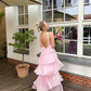 Pink Halter Fashion Halter Ruffled Tiered Ruffle Long Chiffon Tulle Ball Gown Evening Gown Party Dress gh3100