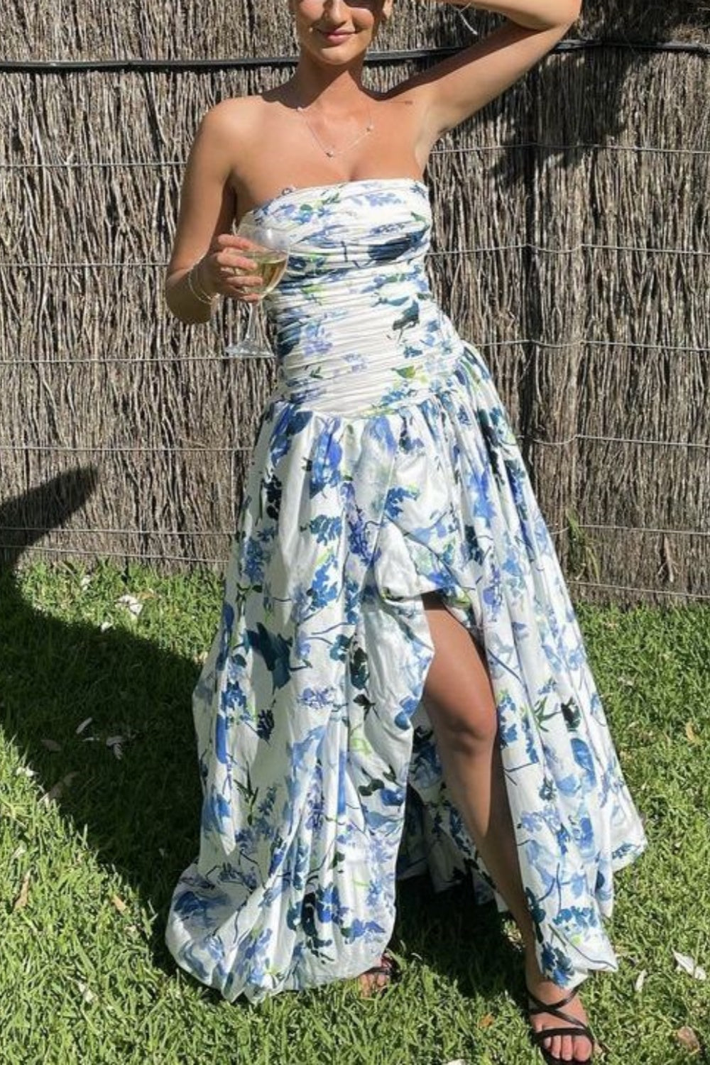 girlhomeshops-Blau und weiß floral lange Satin Chiffon Ballkleid Abschlusskleid gh5927