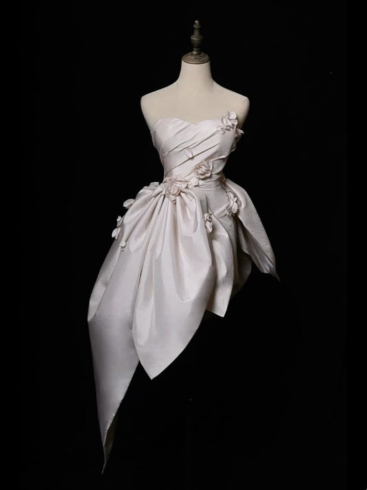 Girlhomeshops-Ivory Short Floral Satin Homecoming Dress Birthday Party Dress gh5049