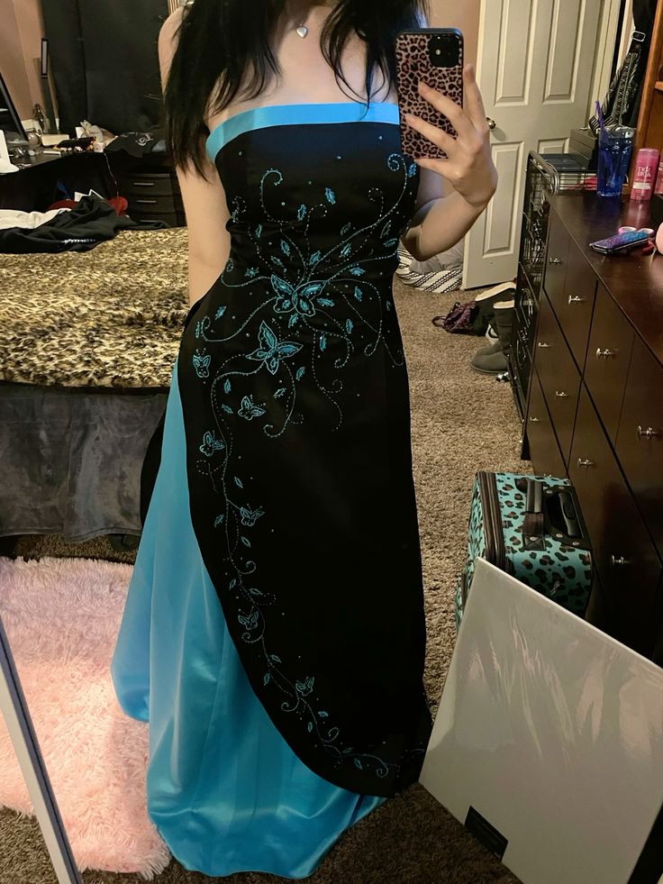 Black & Turquoise Butterfly Embroidery Bandeau Dress: Sequin Decoration, Fitted Skirt, Retro Party Sexy Maxi Dress gh6603