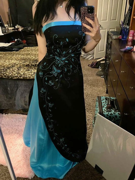 Robe bandeau noire et turquoise brodée de papillons : décoration à sequins, jupe ajustée, robe maxi sexy rétro pour les fêtes gh6603