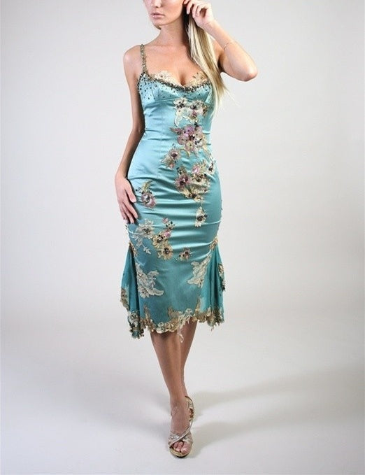 Girlhomeshops-BLight blue floral beaded and gold appliqué long Prom dress, evening gown, party dress gh5148