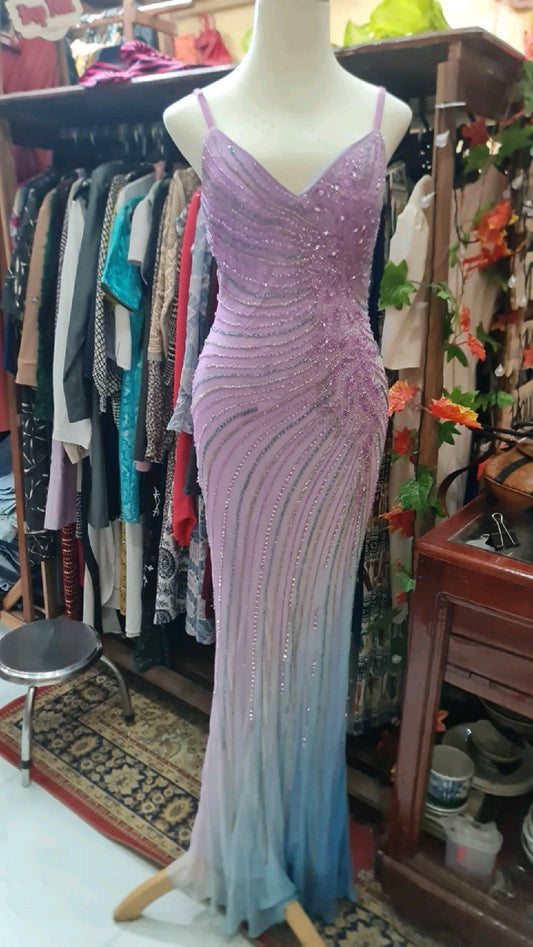 Girlhomeshops-Pink Blue Shiny Fashion Gradient Long Exquisite Beaded Long Chiffon Prom Dress Evening Dress Party Dress gh5132