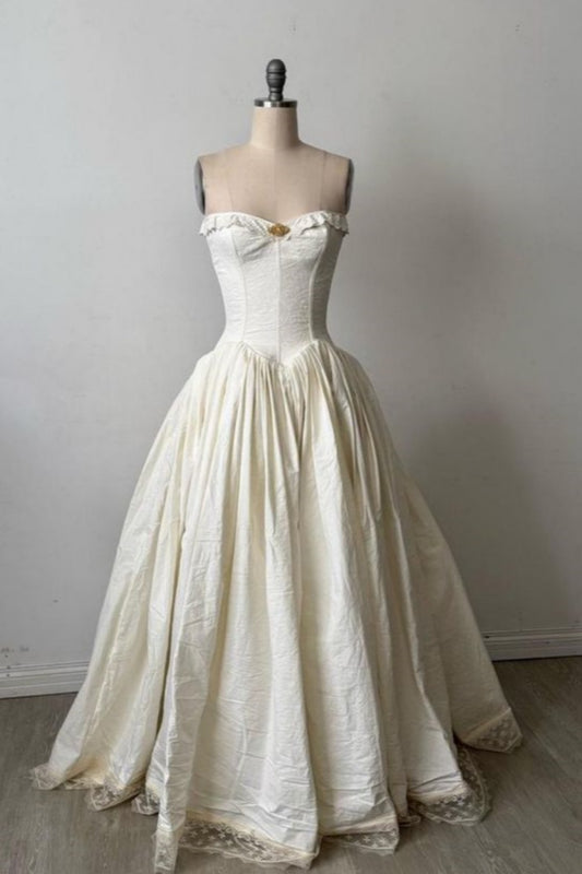 girlhomeshops-❤️Elfenbeinweißes Vintage-elegantes langes Satin-Ballkleid, Hochzeitskleid gh5812