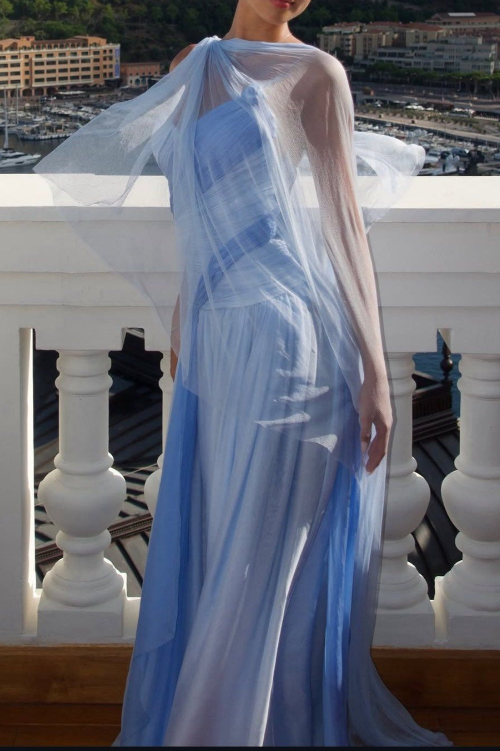 girlhomeshops-(Includes Scarf)Soft Blue Elegant Classic Dress Gradient Dress gh6327