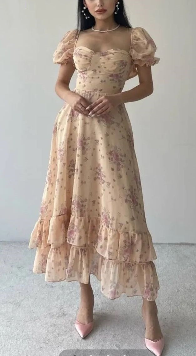 Girlhomeshops-Floral Ruffle Short Sleeve Long Chiffon Garden Party Dress Wedding Guest Dress gh5203