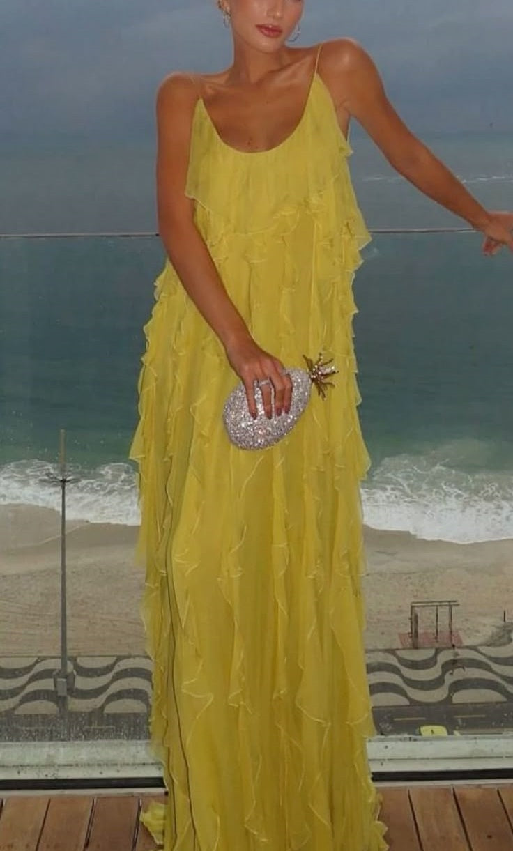 Yellow latest fashion chiffon long simple comfortable ball gown evening dress wedding guest dress gh4728