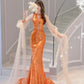 Robe de soirée élégante à manches longues en tulle et paillettes, magnifique, orange, brillante, sirène, slim, robe de bal, robe de soirée gh3386