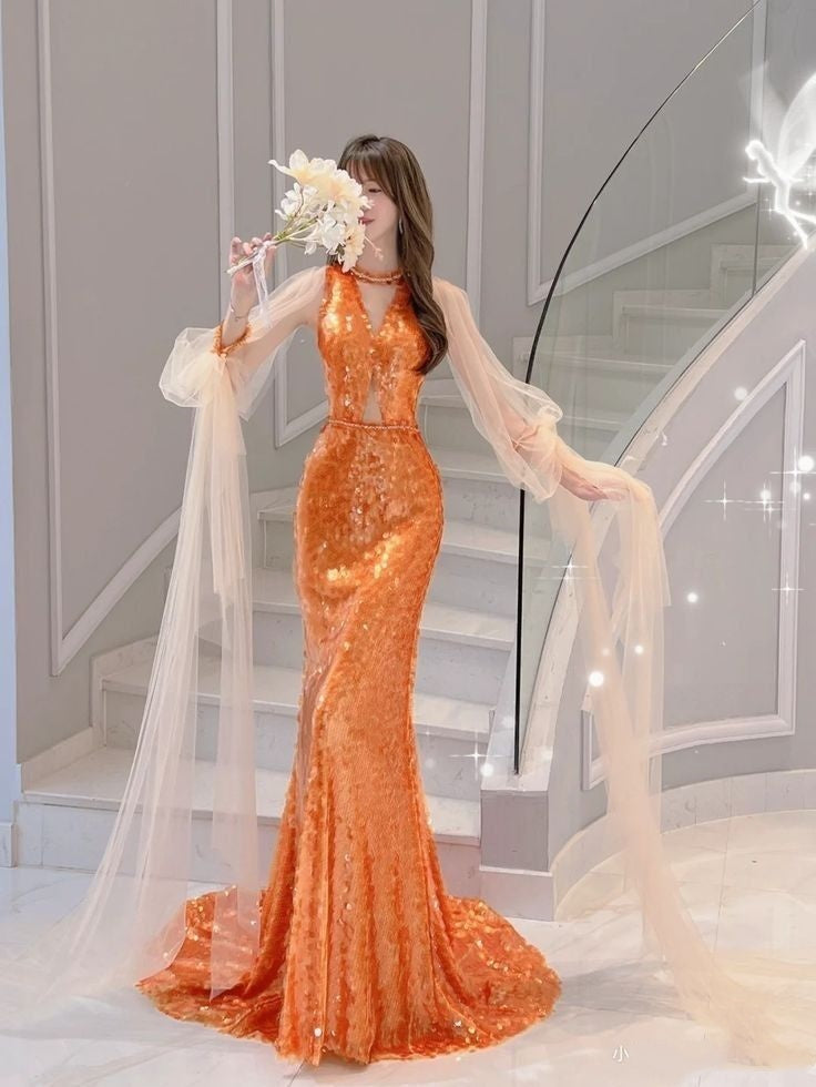 Robe de soirée élégante à manches longues en tulle et paillettes, magnifique, orange, brillante, sirène, slim, robe de bal, robe de soirée gh3386