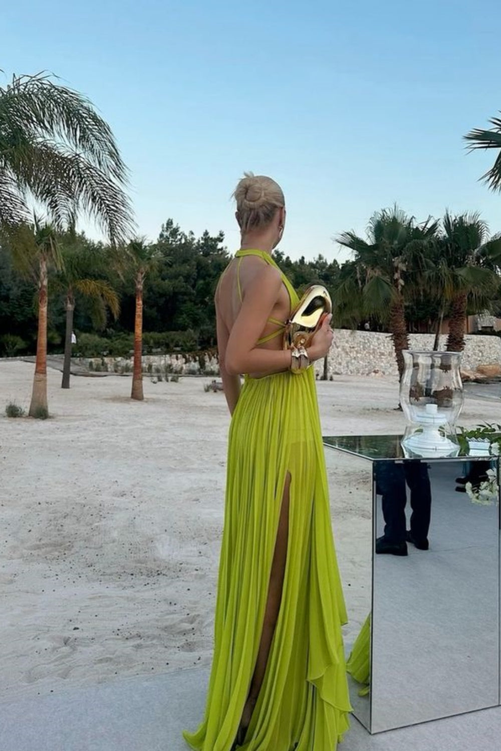 Yellow green fashion pleated backless long elegant chiffon ball gown evening dress party dress gh3127