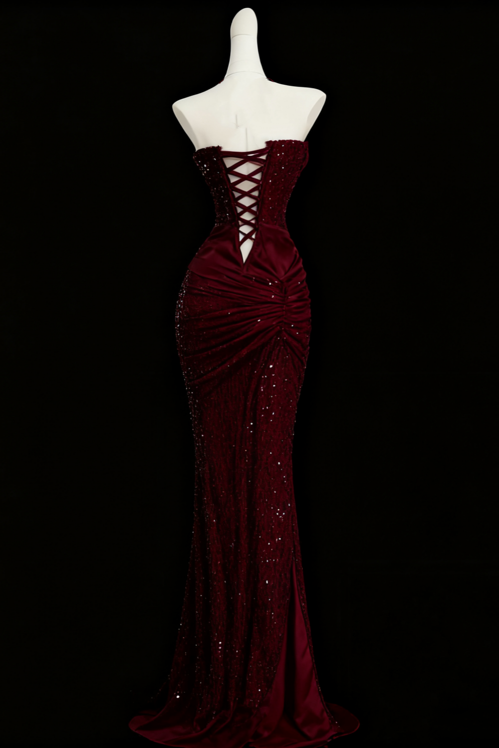 Burgundy shiny hip fishtail sequined ball gown evening dress prom dress gh4363