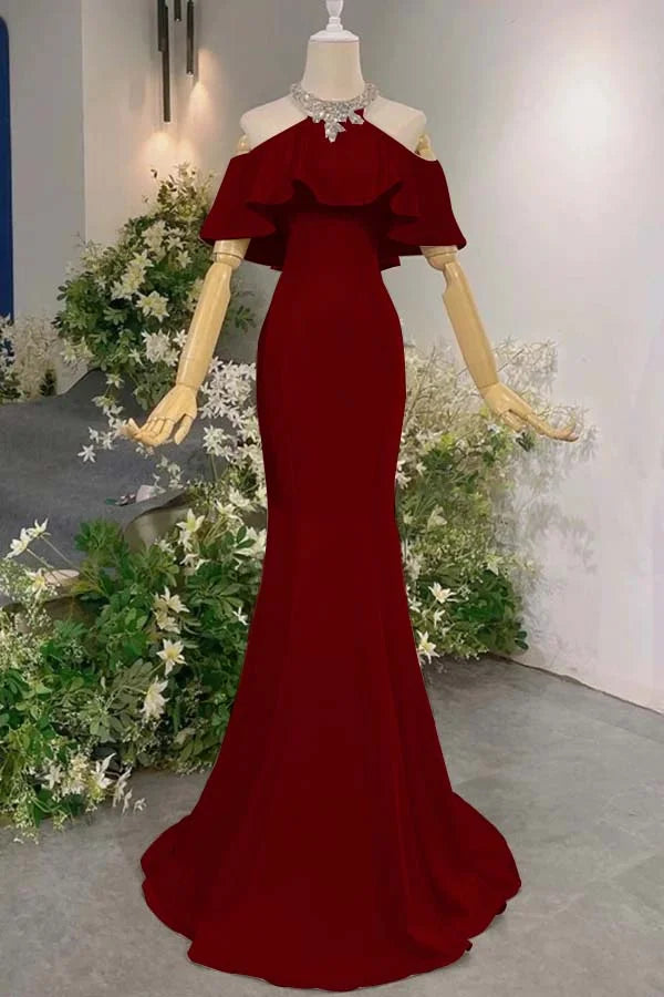 Off-Shoulder Halter Pink Satin Mermaid Gown | Luxury Elegant Ruffle Train Maxi Dress for Gala Ball gh6482