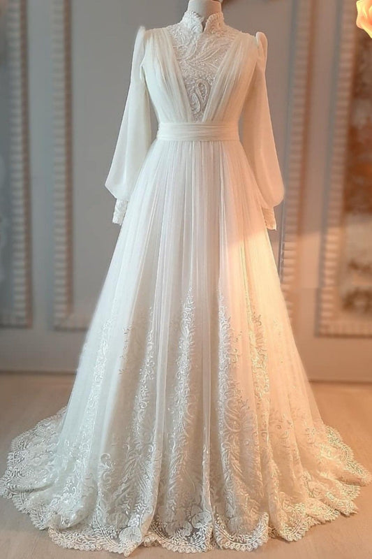High Neck Lace Panel Chiffon Long Sleeve Dress | Elegant Fitted Train Maxi Gown for Dinner Dance Wedding Dress gh6408