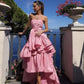 Pink Tube Top Fashion Elegant Layered Long Satin Ball Gown Evening Dress Party Dress gh3110