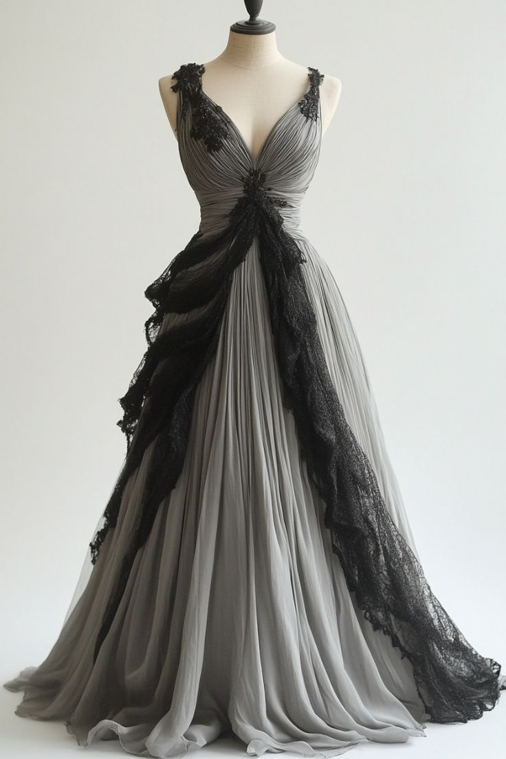 Robe de soirée longue en tulle à col en V et dentelle noire exquise, style rétro gris, robe de mariée gh3398