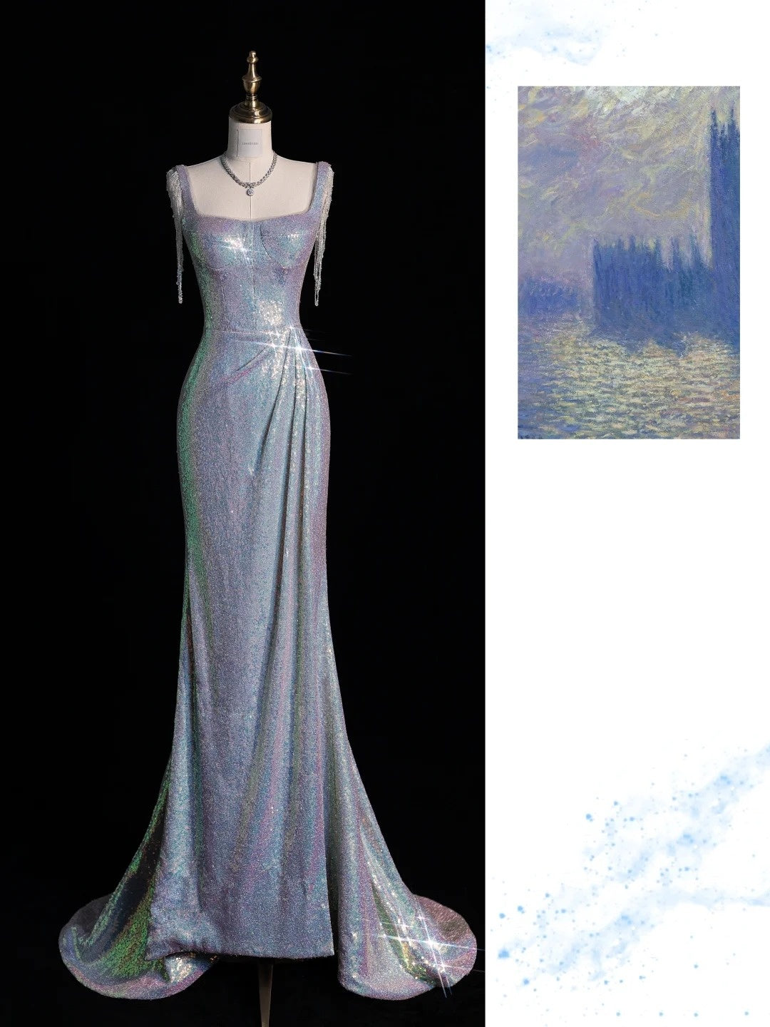 Iridescent Light & Shadow Square Neck Mermaid Evening Gown gh6749