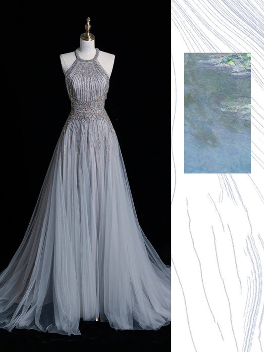 Light Grey Water Lilies Halter Beaded Maxi Evening Gown gh6750