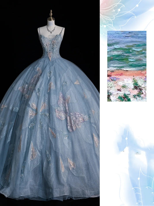 Light Blue Impressionist Wave Spaghetti Strap Ball Gown Evening Dress gh6751