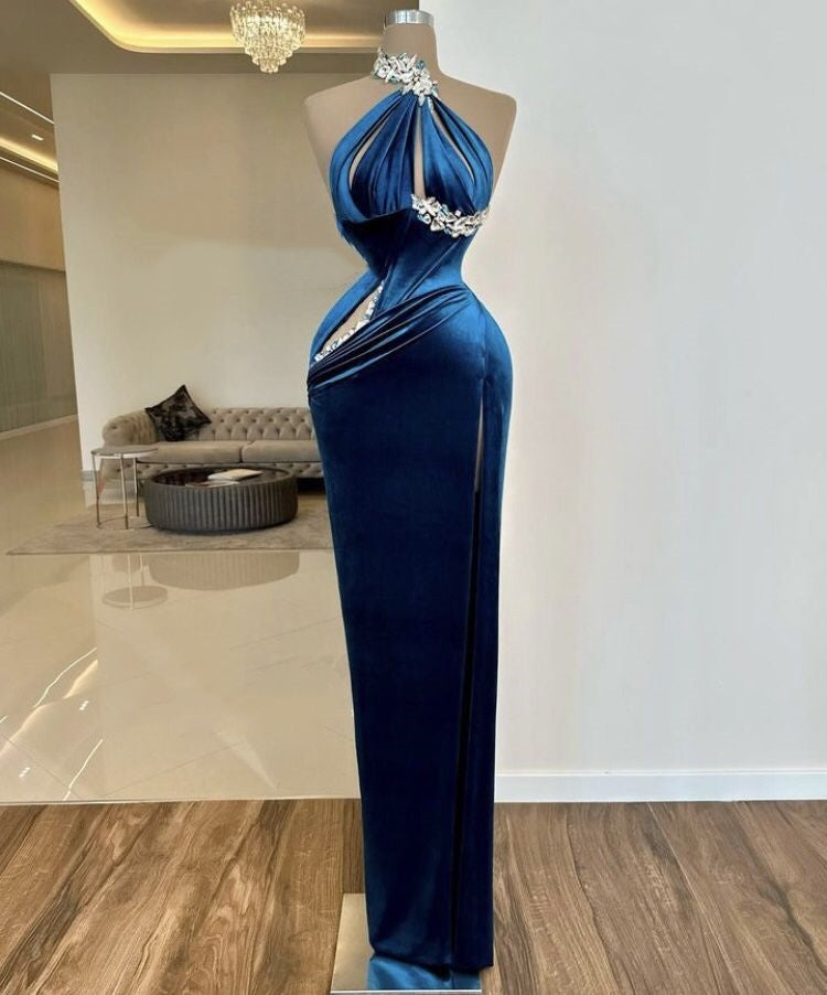 Girlhomeshops-Blue beaded long satin mermaid fitted prom dress evening gown party dress gh4998