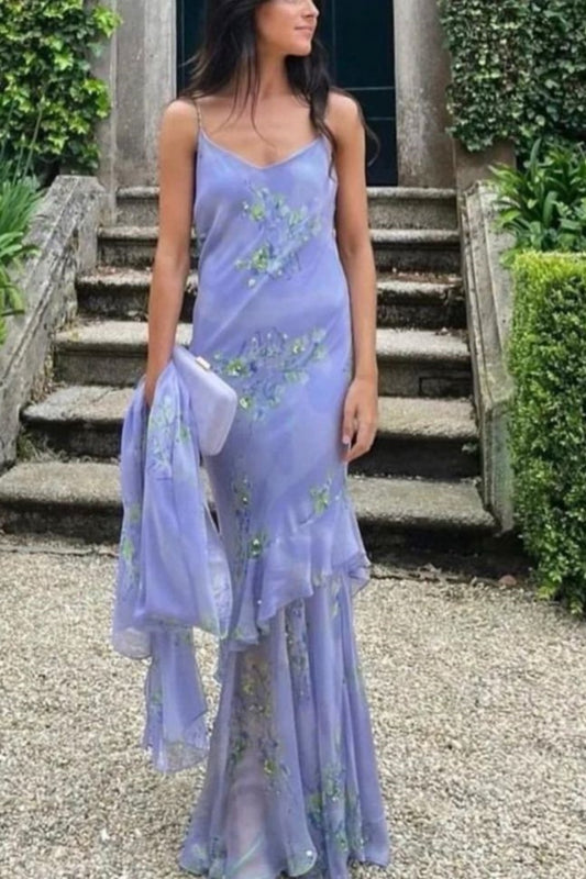 girlhomeshops-Hellviolettes langes Abendkleid mit Spaghettiträgern und Blumenmuster im Meerjungfrauenstil, bestickt, mit Rüschen, gh5818