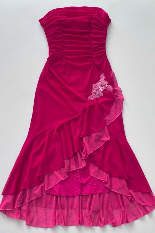 girlhomeshops-Pink Strapless Ruffled Velvet Evening Gown gh6102