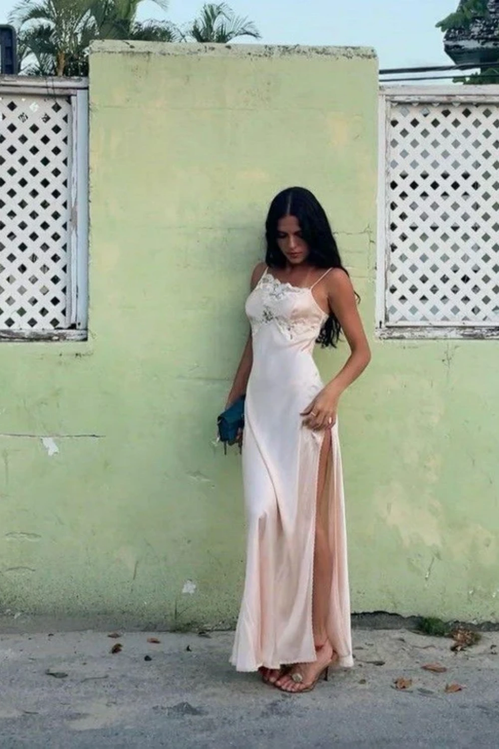 Girlhomeshops--Light pink sexy elegant lace long slit prom dress party dress gh5506