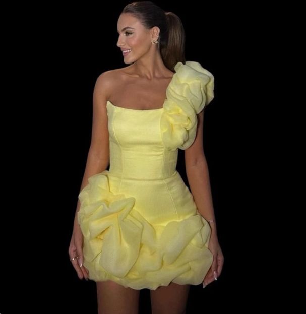 Girlhomeshops-Yellow one-shoulder fashion sweet bud skirt short chiffon homecoming dress birthday dress gh5269