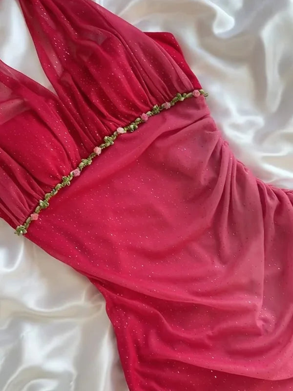 girlhomeshops - Robe de soirée vintage rose rouge à col halter en maille pailletée, ornée de fleurs 3D et de volants à la taille cintrée gh5996