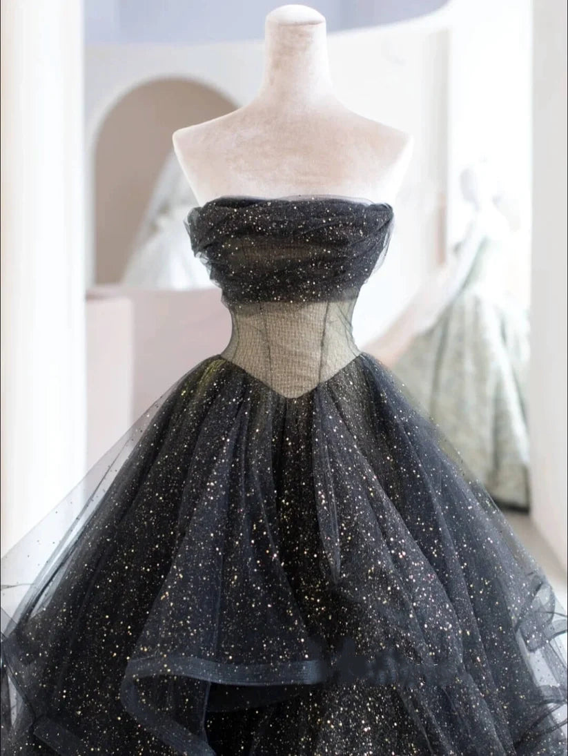 Black gold shiny elegant long tulle ball gown evening gown graduation dress beauty pageant dress gh2609