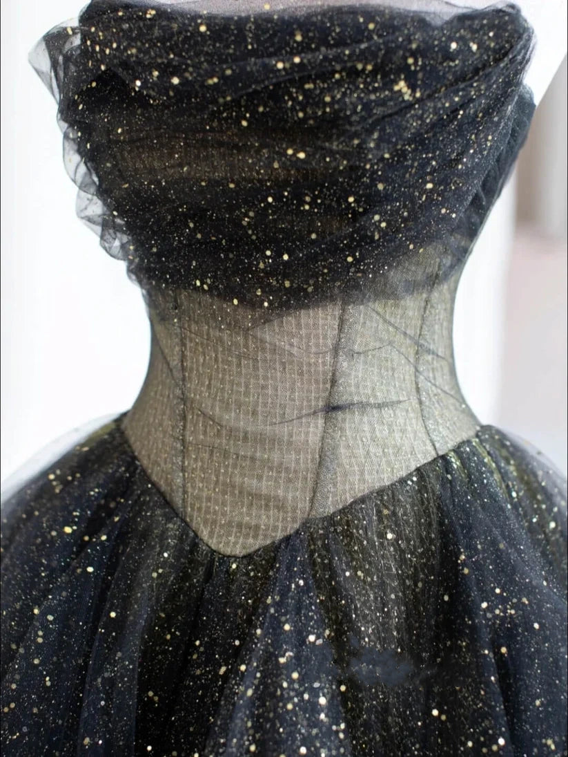 Black gold shiny elegant long tulle ball gown evening gown graduation dress beauty pageant dress gh2609