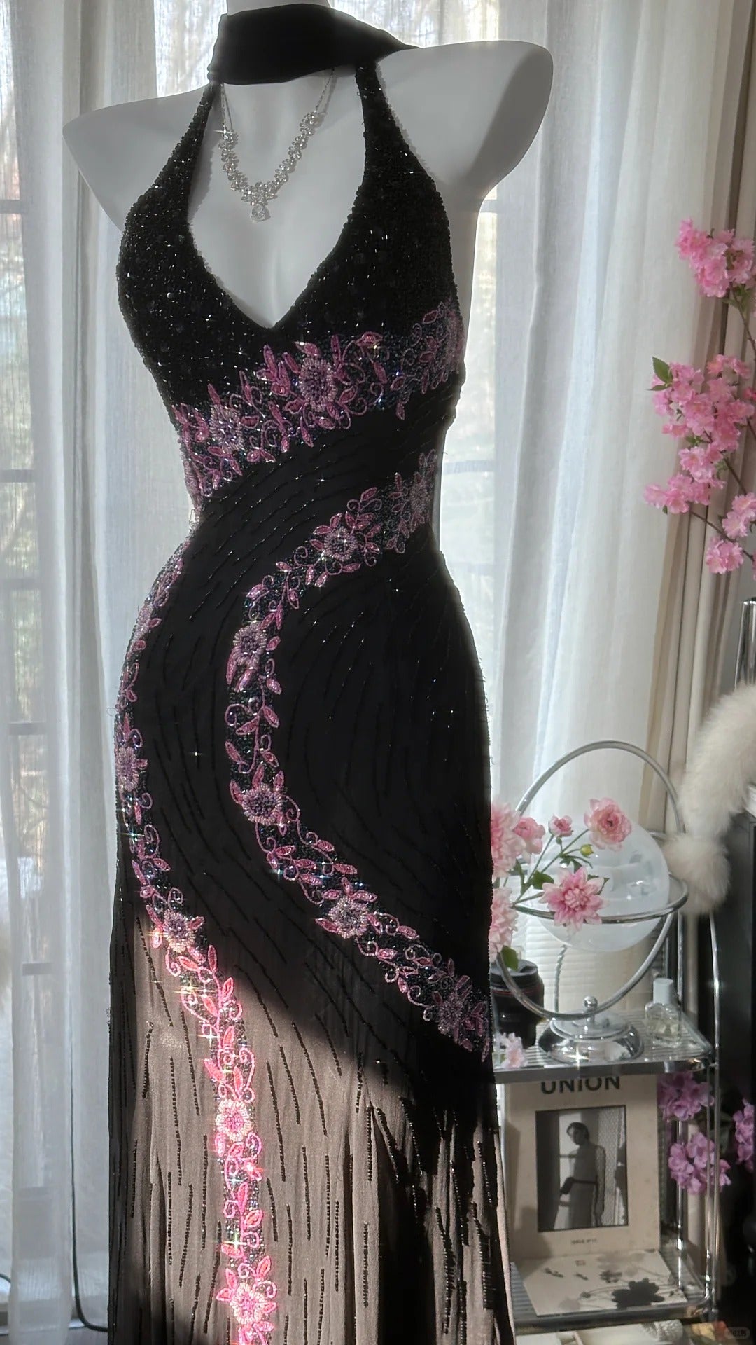 Black Shiny Vintage Elegant Romantic Delicate Pink Floral Beading Long Chiffon Homecoming Ball Gown Evening Dress Birthday/Wedding Guest/Holiday Party Dress Prom Dress gh4025