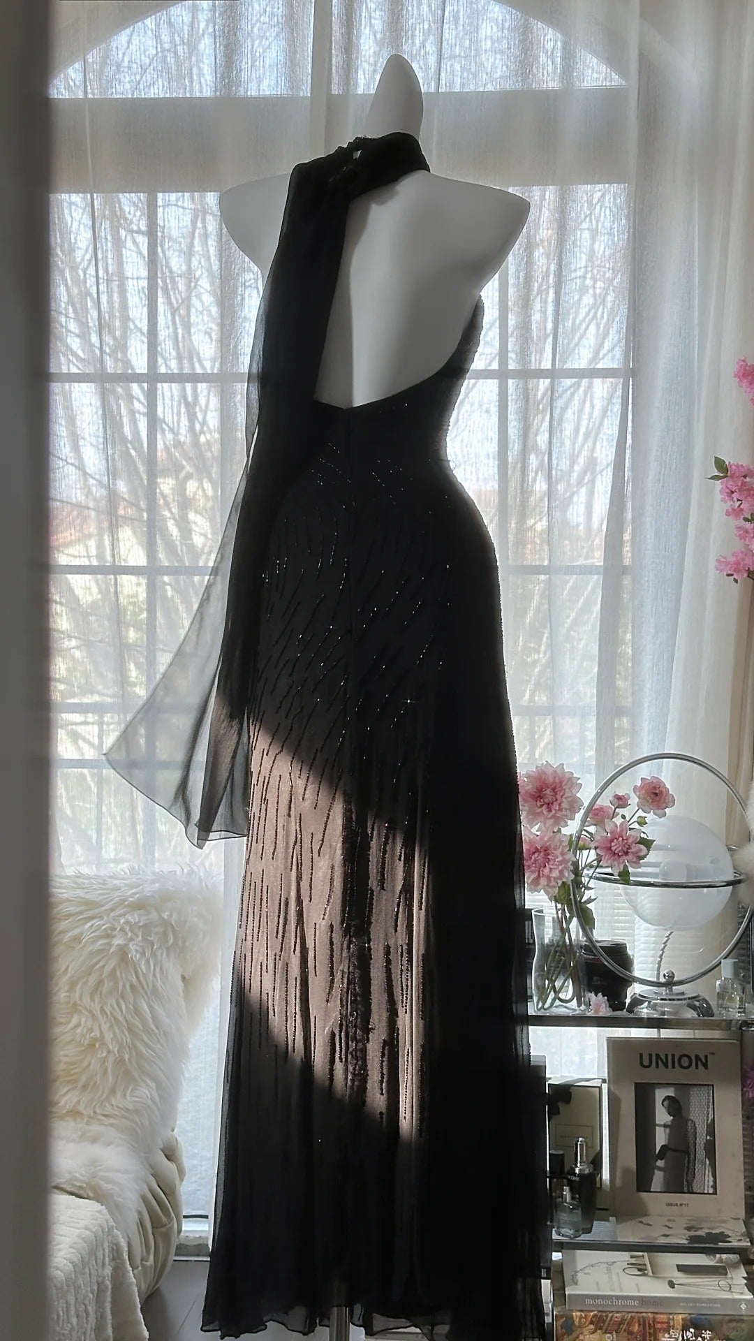 Black Shiny Vintage Elegant Romantic Delicate Pink Floral Beading Long Chiffon Homecoming Ball Gown Evening Dress Birthday/Wedding Guest/Holiday Party Dress Prom Dress gh4025