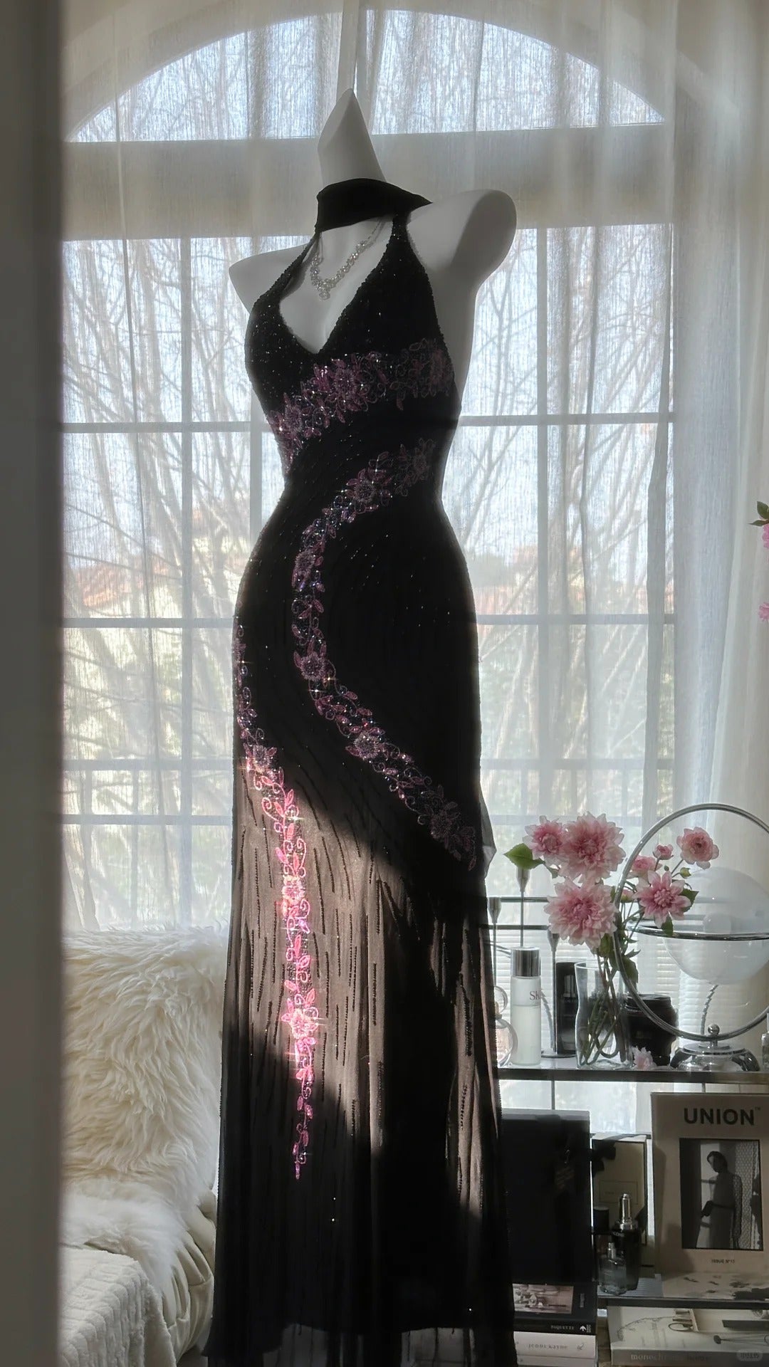 Black Shiny Vintage Elegant Romantic Delicate Pink Floral Beading Long Chiffon Homecoming Ball Gown Evening Dress Birthday/Wedding Guest/Holiday Party Dress Prom Dress gh4025